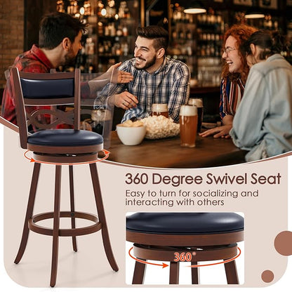 COSTWAY Bar Stools Set of 2, 29.5” Bar Height Stools with Rubber Wood Frame, Faux Leather Upholstered Seat and Backrest, Swivel Barstools for Kitchen Island, Pub, Brown (2, Seat Height: 29.5”)