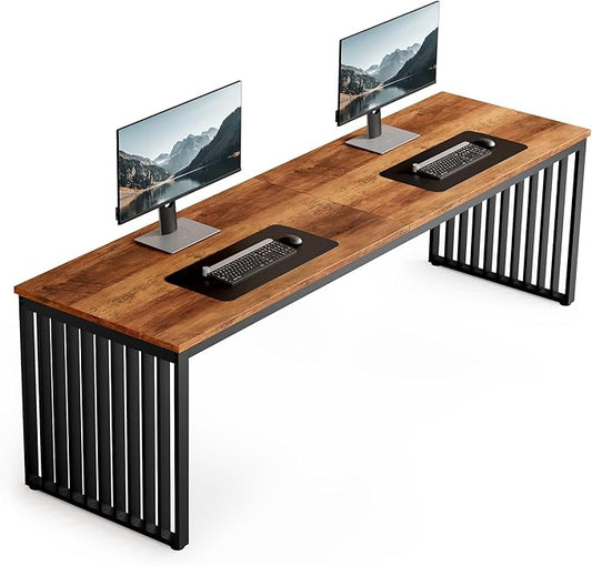 LITTLE TREE Two Person Desk, 78.74" Extra Long Computer Desk for 2 People, Rustic Brown Wooden Double Study Desk with Black Heavy Duty Metal Legs, Large Business Workstation for Home Office