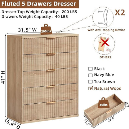 LEYAOYAO Fluted 5 Drawers Dresser for Bedroom Set of 2, 41" Tall Modern Chest of Drawers with Metal Handle, Curved Profile Design,Natural Wood Drawer Organizer for Bedroom, Living Room, Hallway
