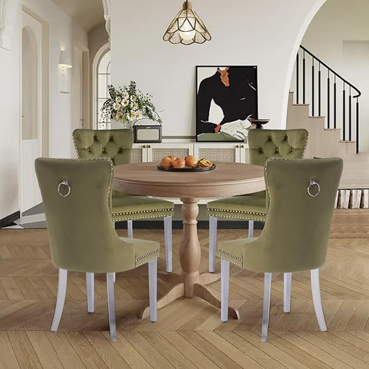 Velvet Upholstered Dining Chairs Set of 4, Modern Kitchen Side Chairs with Nailhead Trim and Silver Plated Leg, Metal Pulling Ring for Dining Room Living Room(Olive Green-Silver Plated Leg)