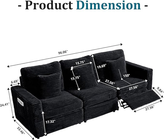 ORRD Power Reclining Sectional Sofa, Electric 3 Seat Recliner with 1 Electric Footrest and Adjustable Headrest, Modern Plush Corduroy Fluffy Reclining Sectional with Deep Seat for Living Room-Black