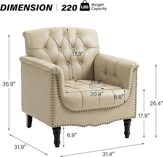 Lumibee Faux Leather Armchair, Contemporary Accent Chair with Nailhead Trims & Wood Legs for Living Room, Upholstered Comfy Arm Chair for Office,Bedroom-Beige