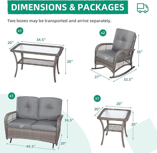 VIVIJASON 5-Piece Outdoor Patio Wicker Conversation Sets, All Weather Outdoor Rattan Furniture Set Includes Glider Loveseat, 2 Coffee Table, 2 Rocking Chairs with Cushions for Backyard, Grey