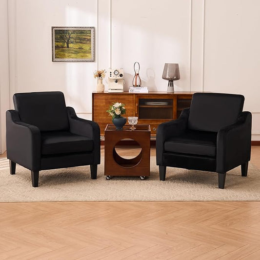 Accent Chairs Set of 2 with Soft Armrest, Modern Living Room Chairs, Upholstered Comfy Chair with Cushion, Boucle Pottery Barn Accent Chair, Single Armchair, Black