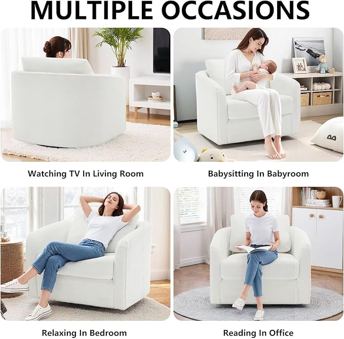 MINCETA Oversized Accent Chair for Living Room, 360° Swivel Barrel Chair with High Density Foam, Modern Glider Chair with Performance Fabric Upholstered Armchair for Apartment, Bedroom White