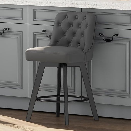 MINCETA Bar Stool, PU Leather Barstool, 26 Inch Upholstered Counter Stool with Low Tufted Back and Footrest, Swivel Counter Height Barstool for Kitchen Island Home Bar Dark Gray