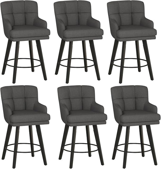 360°Swivel Counter Height Bar Stools with Back, 26 inch Solid Wood Legs, Bar Stool Modern Kitchen Island Chairs, Fabric (Black Grey- Fabric, 26" H- Set of 6)