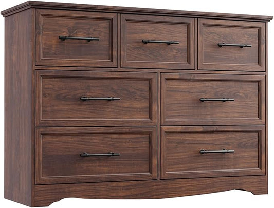 Walnut Farmhouse Dresser for Bedroom, Modern 7 Chest of Drawers, 47" Wide Chest of Drawers with Metal Handle, Wood Dresser TV Stand and Storage Cabinet for Bedroom, Living Room