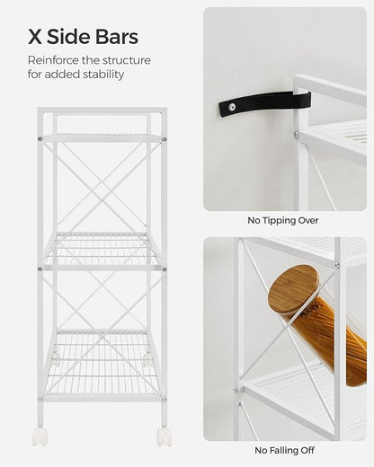 SONGMICS 3-Tier Metal Storage Rack with Wheels, Mesh Shelving Unit with X Side Frames, 31.5-Inch Width, for Entryway, Kitchen, Living Room, Bathroom, Industrial Style, White UBSC183W01
