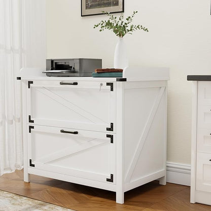 2 Drawer File Cabinet with Lock, Modern Farmhouse Filing Cabinet for Legal/Letter/A4 Size Hanging Files, Large Wood File Cabinets for Home Office