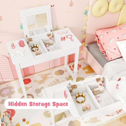 HONEY JOY Kids Vanity, Wooden Girls Vanity Desk with Flip Top Mirror, Hidden Storage Space, Toddler Makeup Vanity Dressing Table, Pretend Play Kids Vanity Table and Chair Set (White)