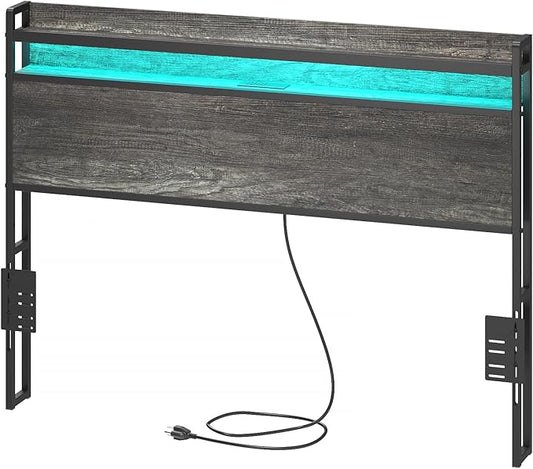 Elephance Headboard for Queen Size Bed Frame with 2 Tier Storage, with Outlets, USB and Type C Ports and LED Light, Height Adjustable, Platform Bed Headboard Only, Easy Assembly