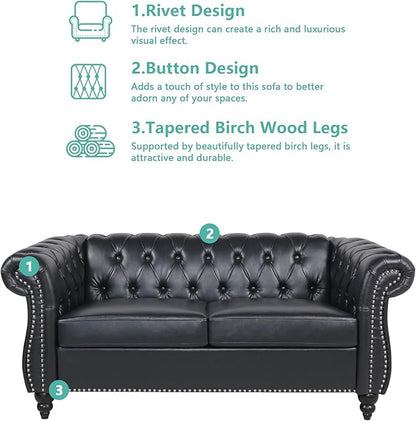 Chesterfield Loveseat Sofa, Modern Leather Small Sofa Couch 2 Seater with Rolled Arms and Nailhead, Mid Century Modern Loveseat Couch for Small Spaces Living Room Bedroom Apartment, Black