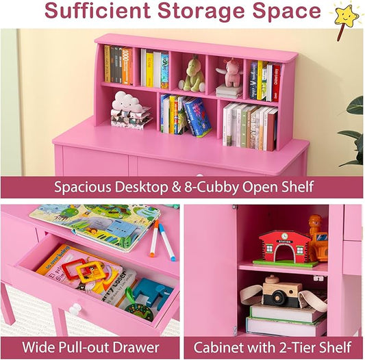 Costzon Kids Desk and Chair Set, Wooden Children Study Desk w/Hutch, Large Cabinet and Drawer for Home School Writing, Reading & Drawing, Computer Workstation Student Table and Chair for 3+ (Pink)