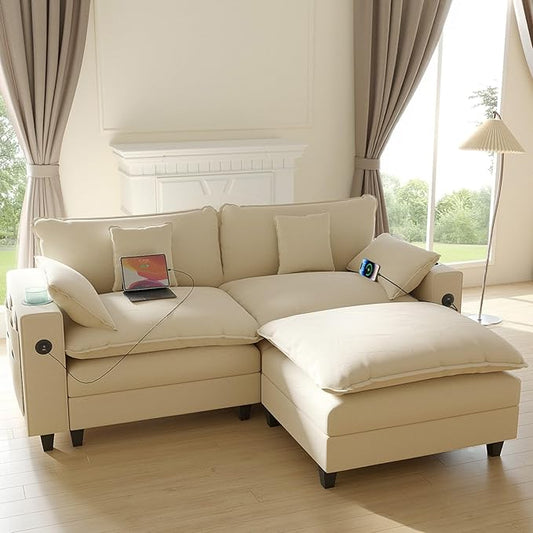 Cloud Couch, Modular Sectional Sofa with Ottoman, Charging Station, Throw Pillows, Cup Holders, Modern Convertible L Shaped Couches for Living Room, Bedroom (White, 80.7"- L Shape)