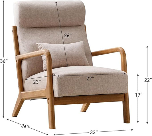 ANJHOME Mid Century Modern Accent Chair with High Back, Single Lounge Armchair with Solid Wood Frame, Comfy Reading Chair for Living Room, Easy Assembly