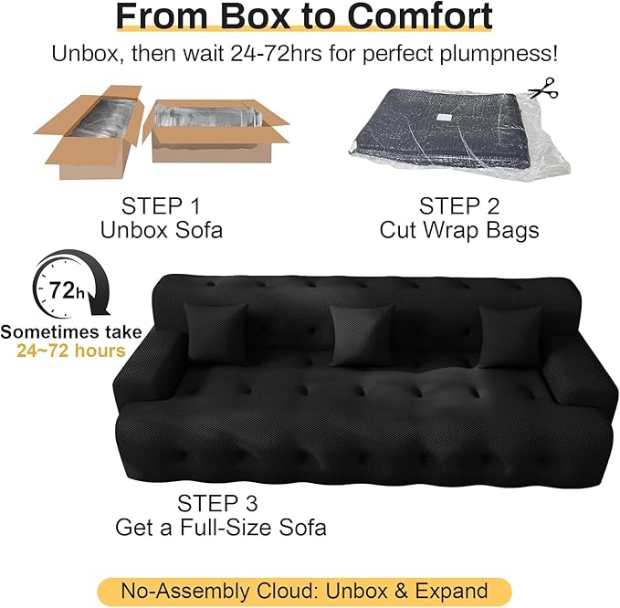 114'' Oversized Sectional Couches for Living Room Boneless Modular Sectional Sofa Plush Cloud Modular Couch Modern Sectionals with Deep Seat, No Assembly Required, 3 Seater, Black