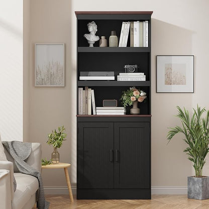 MHOM 71" Tall Bookshelf with Doors, 5 Tiers Farmhouse Bookcase with Adjustable Shelves, Wooden Rustic Display Cabinet for Home Office, Living Room, Black