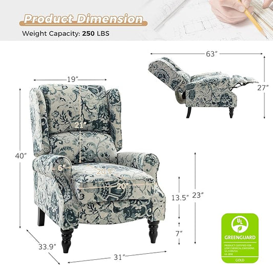HULALA HOME Upholstered Wingback Recliner Chair Set of 2, Small Adjustable Footrest Push Back Single Reclining Sofa, Mid Century Modern Lounge Armchair for Living Room, Bedroom, Reading/Floral