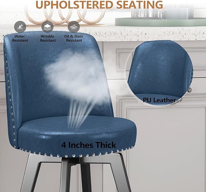 MINCETA Bar Stools Set of 2, PU Leather Barstools, 26 Inch Upholstered Counter Stools with High Back and Footrest, Swivel Counter Height Barstools for Kitchen Island Home Bar Navy Blue