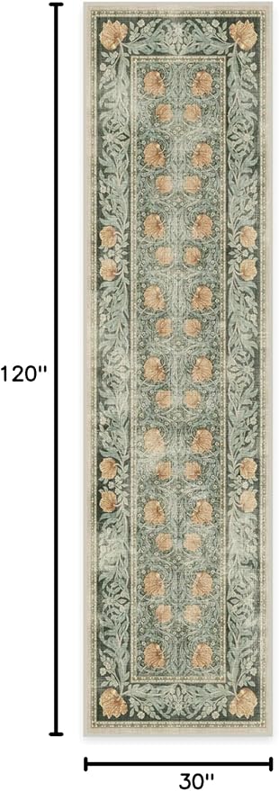 RUGGABLE x Morris & Co Machine Washable Runner Rug – Pimpernel Vintage Green 2.5x10, Stain-Resistant, Non-Slip – Washable Rug for Hallway, Entryway, Living Room & Kitchen–with Cushioned Pad