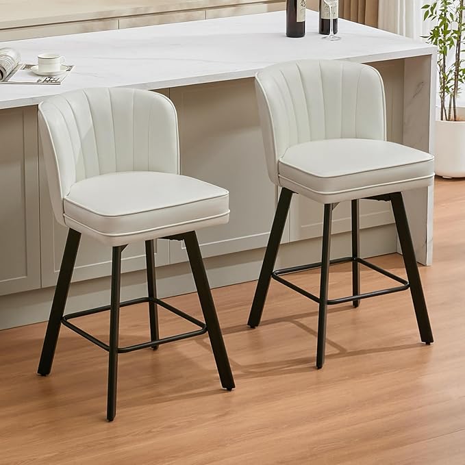 Swivel Counter Height Bar Stools Set of 2, 26'' Modern Barstools with Backs and Metal Legs, Upholstered Bar Chairs, Faux Leather White Stools for Kitchen Island Chairs