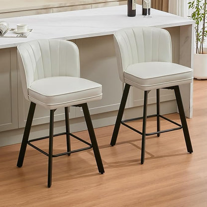 Swivel Counter Height Bar Stools Set of 3, 26'' Modern Barstools with Backs and Metal Legs, Upholstered Bar Chairs, Faux Leather White Stools for Kitchen Island Chairs