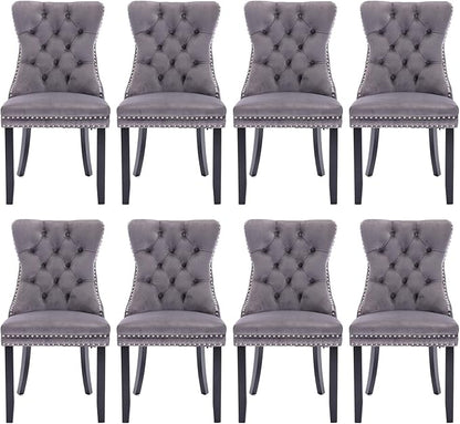 Velvet Upholstered Dining Chairs Set of 8, Modern Style Kitchen Side Chairs with Nailhead Trim and Wood Legs,Metal Pulling Ring for Dining Room Living Room(Grey)
