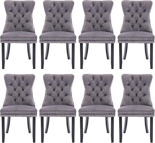 Velvet Upholstered Dining Chairs Set of 8, Modern Style Kitchen Side Chairs with Nailhead Trim and Wood Legs,Metal Pulling Ring for Dining Room Living Room(Grey)