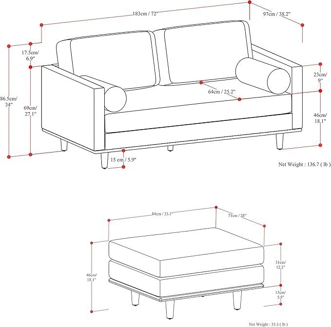 SIMPLIHOME Morrison Mid-Century Modern 72 inch Wide Sofa with Ottoman Set in Mist Grey Tightly Woven Performance Fabric for the Living Room and Family Room