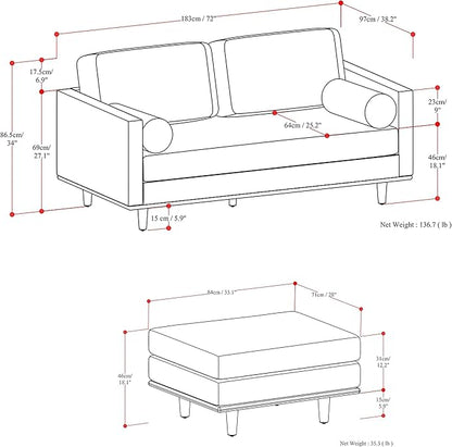 SIMPLIHOME Morrison Mid-Century Modern 72 inch Wide Sofa with Ottoman Set in Mist Grey Tightly Woven Performance Fabric for the Living Room and Family Room