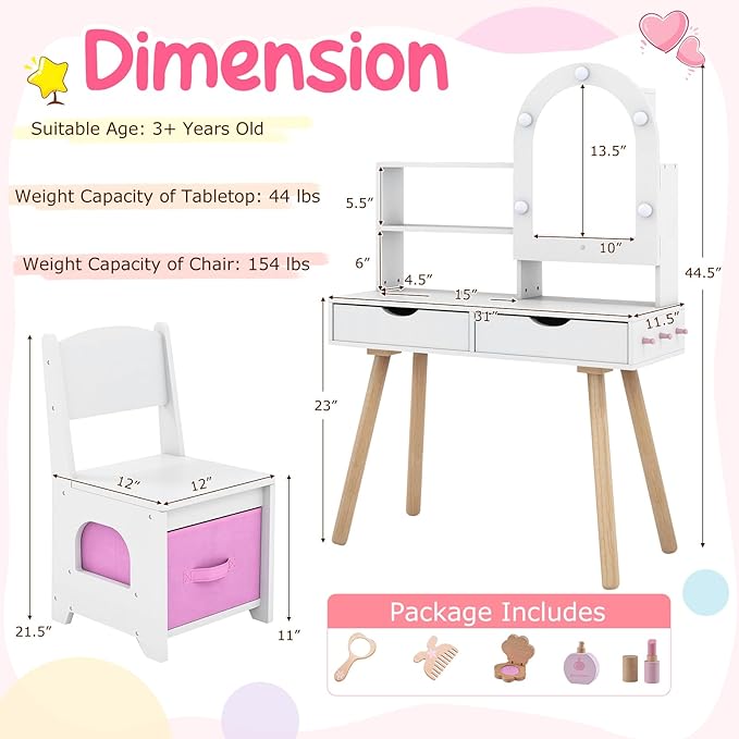 Costzon Kids Vanity with Lights, Girls Vanity Set with Mirror Cabinet, Storage Drawers, Hooks & Shelves, Toddler Makeup Vanity Desk Dressing Table, Wooden Kids Vanity Table and Chair Set (White)