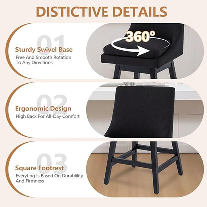 Bar Stool, 26 Inch Upholstered Barstools with 14.2" High Back and Footrest, Swivel Counter Height Barstools for Kitchen Island Home Bar Performance Fabric Black