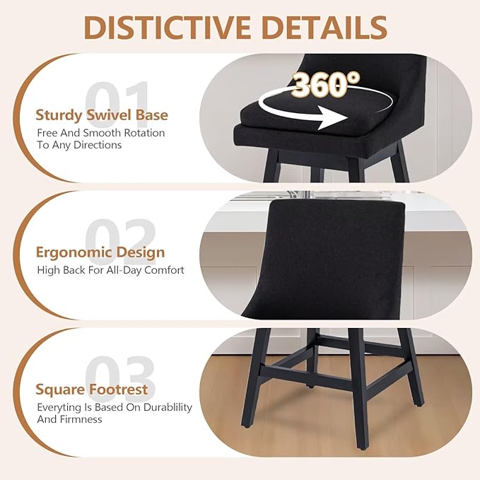 Bar Stools Set of 4, 26 Inch Upholstered Barstools with 14.2" High Back and Footrest, Swivel Counter Height Barstools for Kitchen Island Home Bar Performance Fabric Black
