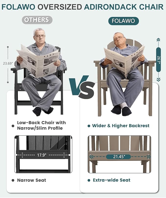 Adirondack Chair Set of 2, All Weather HDPE Fire Pit Chairs, Oversized Plastic Adirondack Chair for Outdoor, Balcony, Deck, Backyard, Patio, Garden, Poolside, Lawn Brown