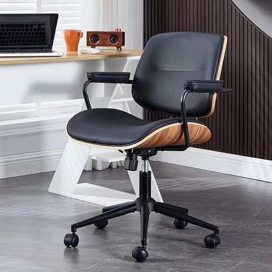 BV Mid Century Modern Office Chair Set of 1, Swivel Rolling Deak Chair with Armrests and Walnut Back, Adjustable Desk Chair for Home Office, Black