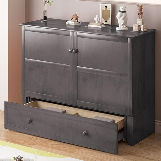 Mjkone Queen Murphy Bed Cabinet, Cabinet Bed with Built-in Charging Station, Storage Drawer, Solid Wood Cabinets Bed with Tri-fold Mattress, Cube Murphy Chest Beds for Guest Room, Home, Office, Grey