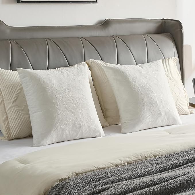 FUTEI Cream Velvet Throw Pillow Covers 20x20 Inch Set of 2,Soft Embossed Leaf-Relief Textured Cushion Cases,Natural Home Decor for Couch Living Room