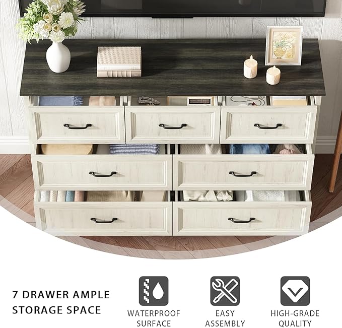 CARPETNAL Farmhouse Dresser and Nightstand Sets for Bedroom, 4 Pcs Bedroom Set, 5 Drawer & 7 Drawer Dresser and Nightstand Set of 2, Wood Chest of Drawers for Living Room, Entryway, White