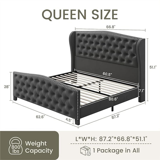 LARMACE Queen Size Bed Frame Velvet Upholstered Platform Bed with Wingback Headboard & Footbaord, Deep Button Tufted Bed Frame with Wood Slats Support, No Box Spring Needed, Grey