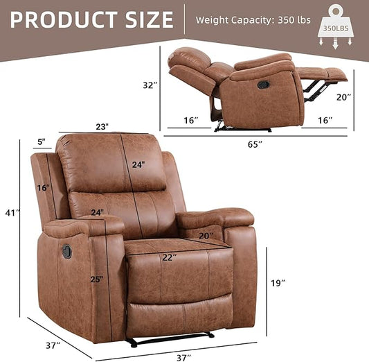 Leather Recliner Chair, Manual Recliner Chair for Adults with Overstuffed Arms and Back, Single Sofa Recliner with Cup Holders for Living Room Set of 2, Brown