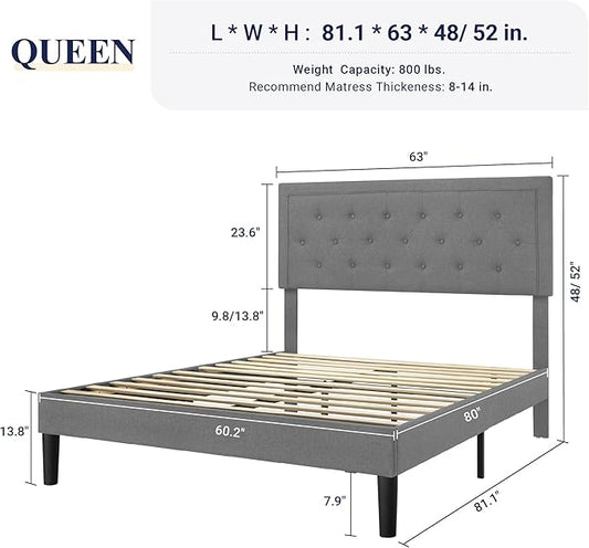 Allewie Queen Size Upholstered Platform Bed Frame with Adjustable Headboard, Button Tufted, Wood Slat Support, Easy Assembly, Light Grey