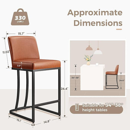 MAISON ARTS Counter Height Bar Stools with Back for Kitchen Counter, 24 Inch Modern Upholstered Faux Leather Barstools Farmhouse Bar Chairs Luxury Island Stools Support 330LBS, Brown