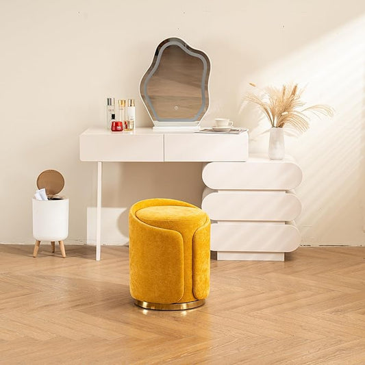 Swivel Vanity Stool with Gold Base Comfy Vanity Chair Modern Round Stool for Makeup Vanity Ottoman Foot Rest for Bedroom livingroom (Yellow)