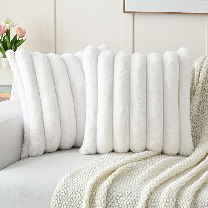 FUTEI Cream White Decorative Throw Pillow Covers 20x20 Inch Set of 2, Square Soft Faux Rabbit Fur Thick Striped Cushion Cover,Winter Home Decor for Couch Bed Living Room