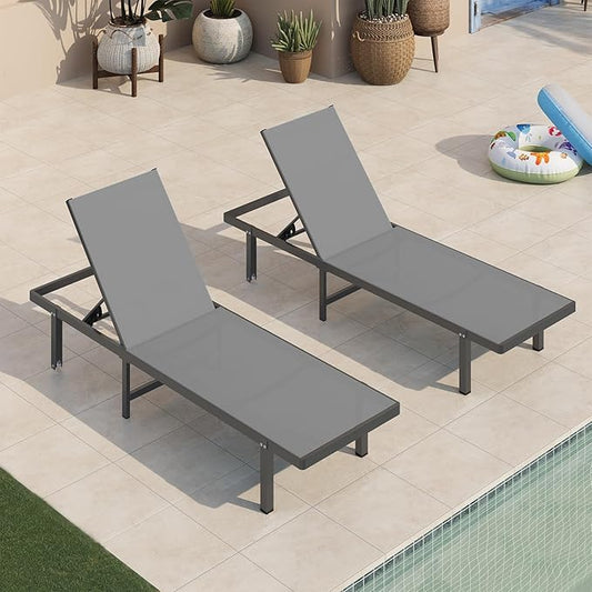 Pool Lounge Chairs, Chaise Lounge Outdoor with Wheels and 5-Position Recliner -Easy to Move- Aluminum Patio Lounge Chair for Poolside, Deck (Darkgray)