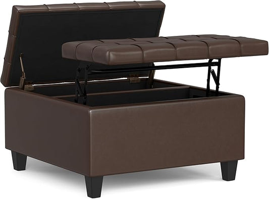 SIMPLIHOME Harrison 30 inch Wide Transitional Square Small Coffee Table Storage Ottoman in Chocolate Brown Vegan Faux Leather, Assembled, for The Living Room and Bedroom
