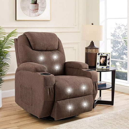 Flamaker Rocking Chair Recliner Chair with Massage Swivel Ergonomic Lounge Chair Classic Single Sofa with 2 Cup Holders Side Pockets Living Room Chair Home Theater Seat (Brown)