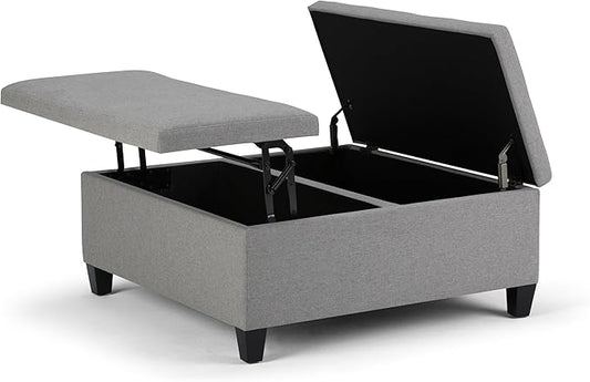 SIMPLIHOME Ellis 36 inch Wide Contemporary Square Coffee Table Storage Ottoman in Dove Grey Linen Look Fabric, Assembled, For the Living Room and Bedroom