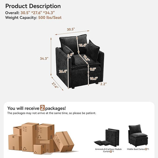 30" Cloud Modular Single Sofa Chair with Storage, Modern Upholstered Accent Chair Deep Seat, Chenille Reading Lounge Armchair for Living Room, Bedroom, Small Space, Black